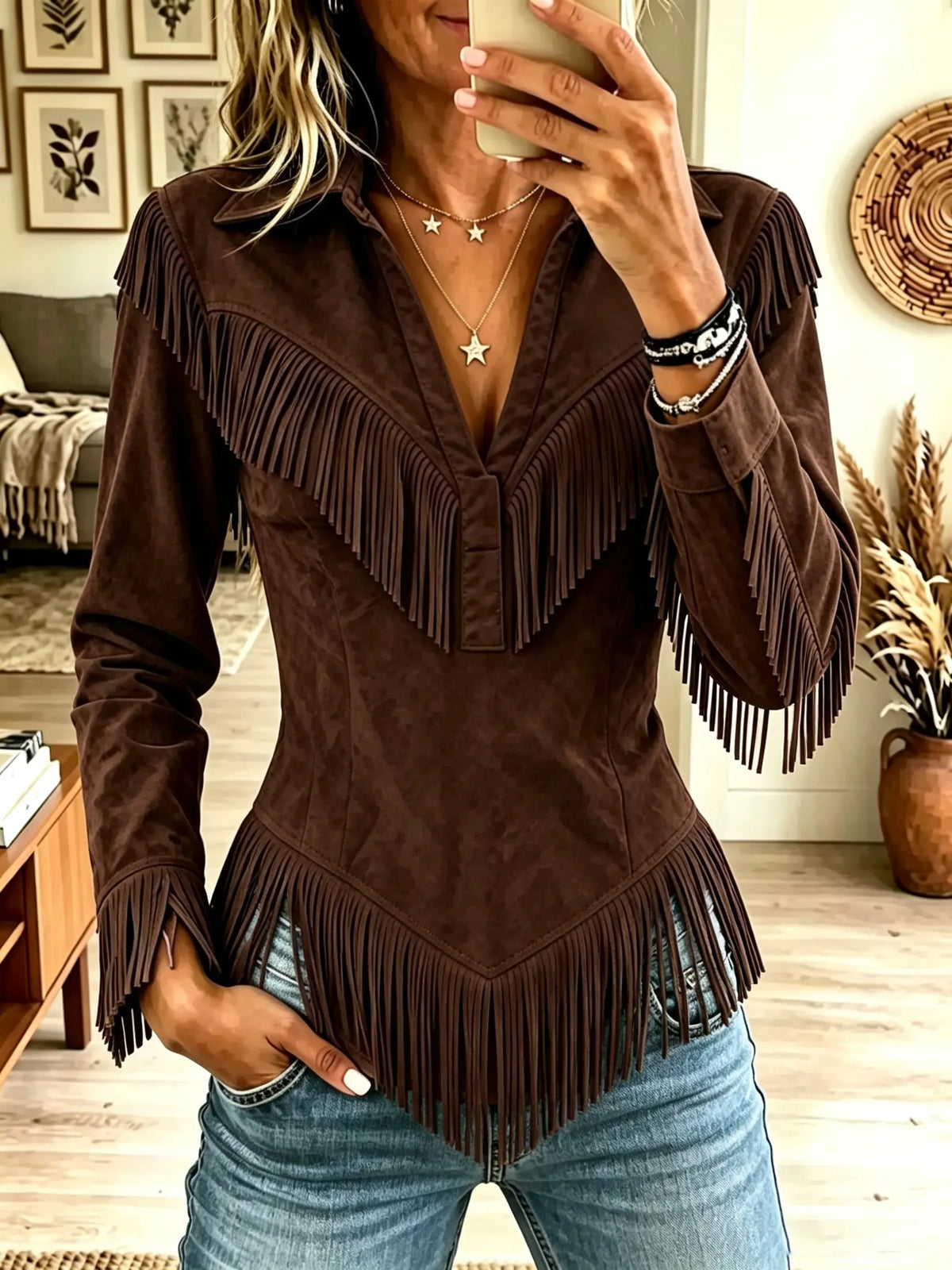 🤲LAST DAY SAVE 49% ⏰Women's Western Fringe Suede Pointed Hem Top