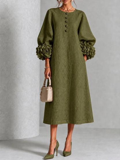 🤲LAST DAY SAVE 49% ⏰3D Floral Cuff Midi Dress – Relaxed A-Line Button Front— FREE Handbag