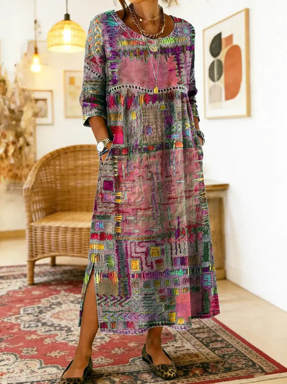 Women's Ethnic Patchwork Print Dress | Colorful Casual Boho-Inspired Maxi Dress