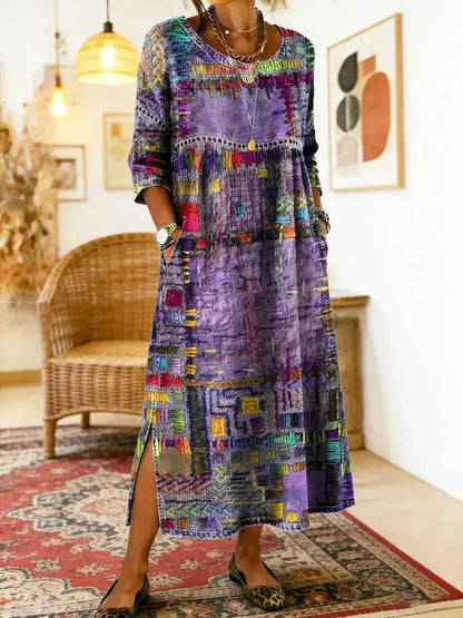 Women's Ethnic Patchwork Print Dress | Colorful Casual Boho-Inspired Maxi Dress