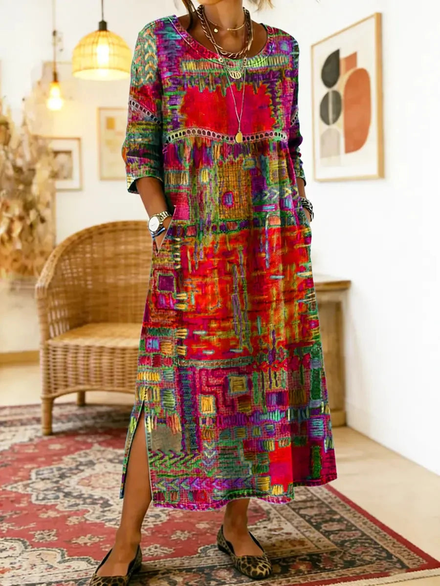 Women's Ethnic Patchwork Print Dress | Colorful Casual Boho-Inspired Maxi Dress