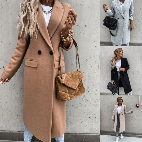 Women's Double Breasted Longline Coat with Classic Lapel