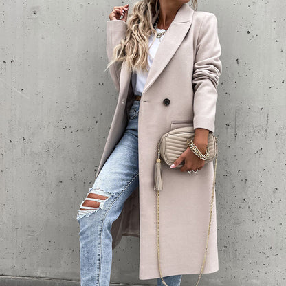 Women's Double Breasted Longline Coat with Classic Lapel