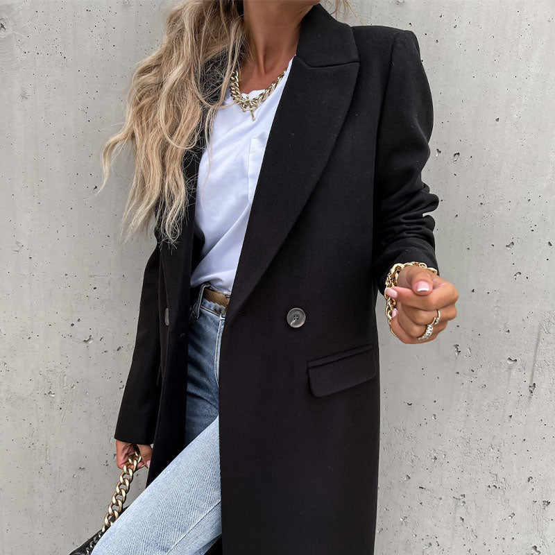Women's Double Breasted Longline Coat with Classic Lapel