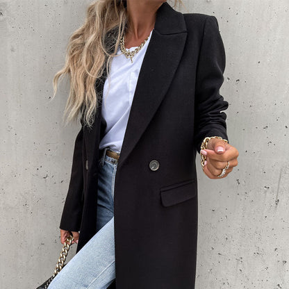 Women's Double Breasted Longline Coat with Classic Lapel
