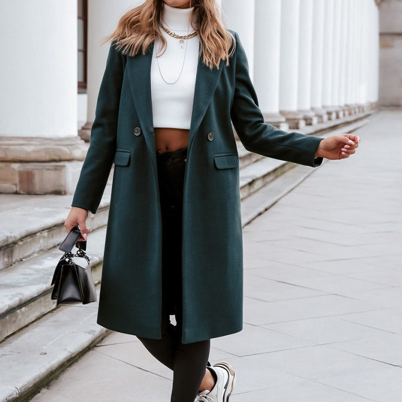 Women's Double Breasted Longline Coat with Classic Lapel