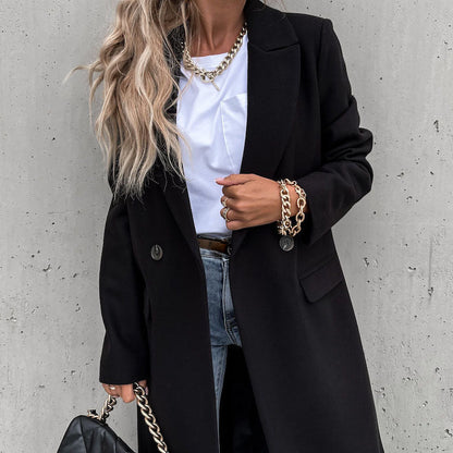 Women's Double Breasted Longline Coat with Classic Lapel