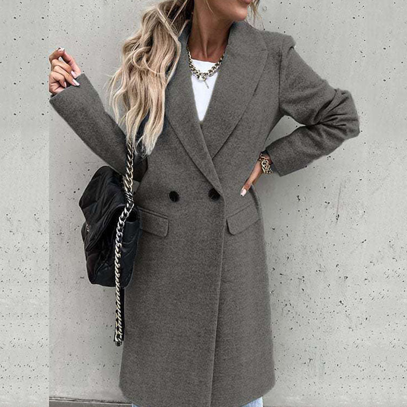 Women's Double Breasted Longline Coat with Classic Lapel