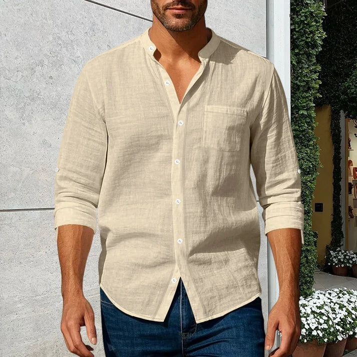 Men's Linen Stand Collar Shirt | Casual Long Sleeve Button-Up