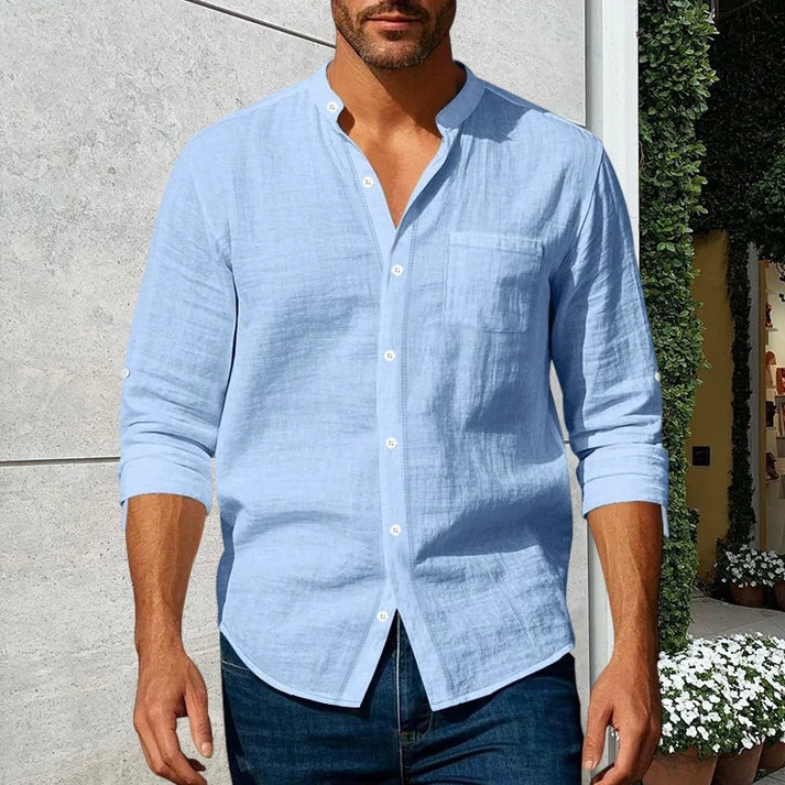 Men's Linen Stand Collar Shirt | Casual Long Sleeve Button-Up