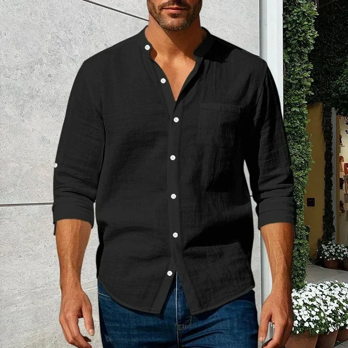 Men's Linen Stand Collar Shirt | Casual Long Sleeve Button-Up