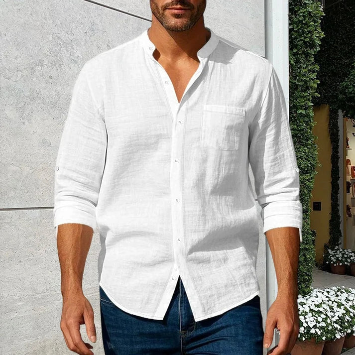 Men's Linen Stand Collar Shirt | Casual Long Sleeve Button-Up