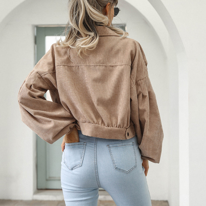 Women's Cropped Corduroy Jacket | Balloon Sleeve Button-Up Jacket