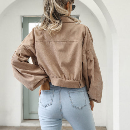 Women's Cropped Corduroy Jacket | Balloon Sleeve Button-Up Jacket