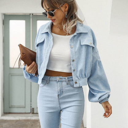 Women's Cropped Corduroy Jacket | Balloon Sleeve Button-Up Jacket