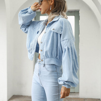Women's Cropped Corduroy Jacket | Balloon Sleeve Button-Up Jacket