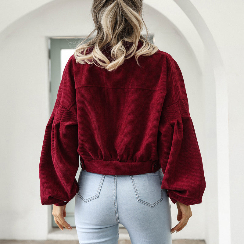 Women's Cropped Corduroy Jacket | Balloon Sleeve Button-Up Jacket