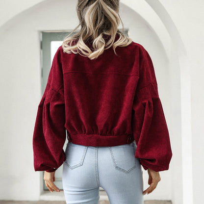 Women's Cropped Corduroy Jacket | Balloon Sleeve Button-Up Jacket