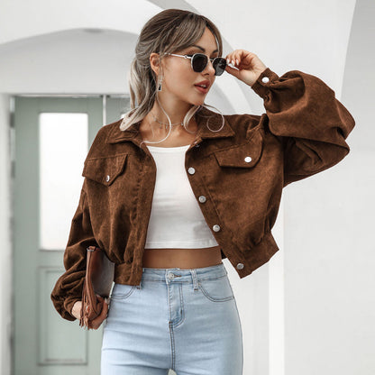 Women's Cropped Corduroy Jacket | Balloon Sleeve Button-Up Jacket
