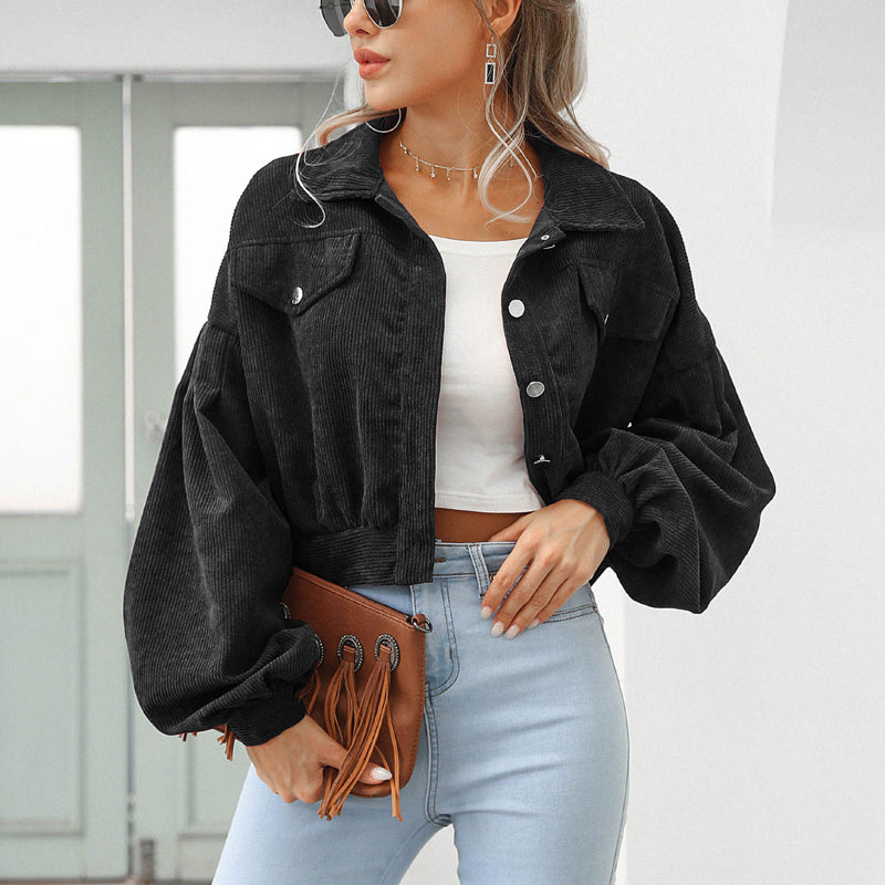 Women's Cropped Corduroy Jacket | Balloon Sleeve Button-Up Jacket