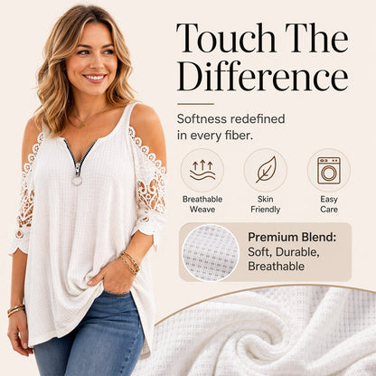 Women's Lace Sleeve V-Neck Casual Blouse – Elegant Loose Fit Tunic Top