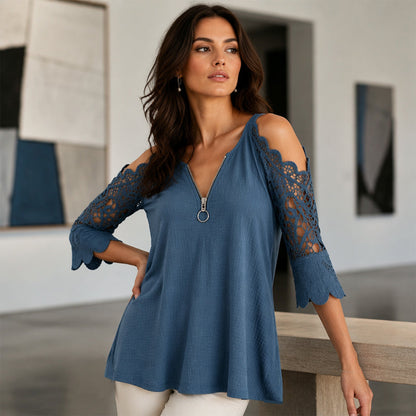 Women's Lace Sleeve V-Neck Casual Blouse – Elegant Loose Fit Tunic Top