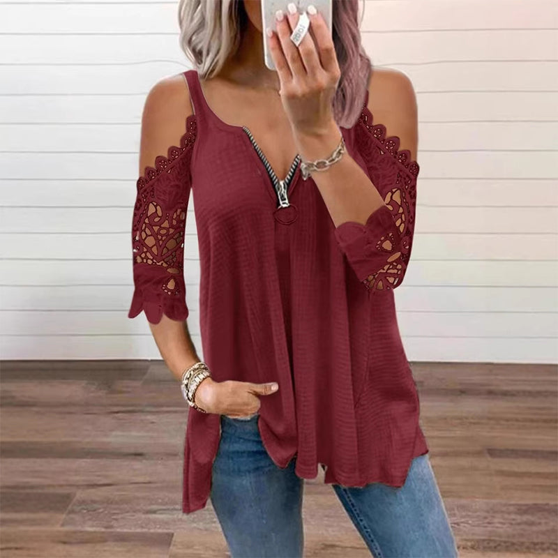 Women's Lace Sleeve V-Neck Casual Blouse – Elegant Loose Fit Tunic Top
