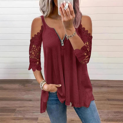 Women's Lace Sleeve V-Neck Casual Blouse – Elegant Loose Fit Tunic Top