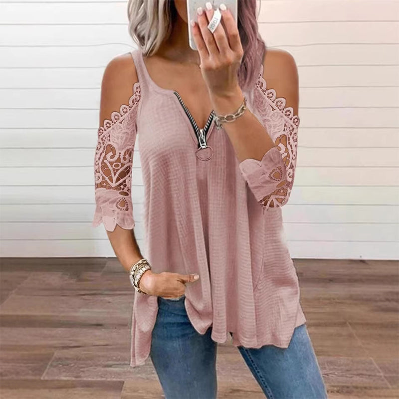 Women's Lace Sleeve V-Neck Casual Blouse – Elegant Loose Fit Tunic Top