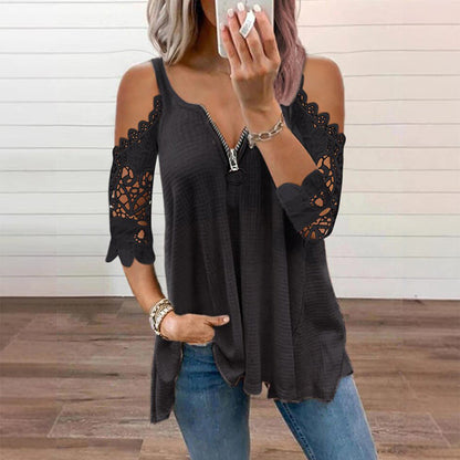 Women's Lace Sleeve V-Neck Casual Blouse – Elegant Loose Fit Tunic Top