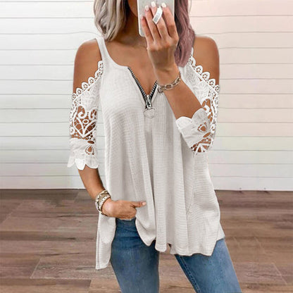 Women's Lace Sleeve V-Neck Casual Blouse – Elegant Loose Fit Tunic Top