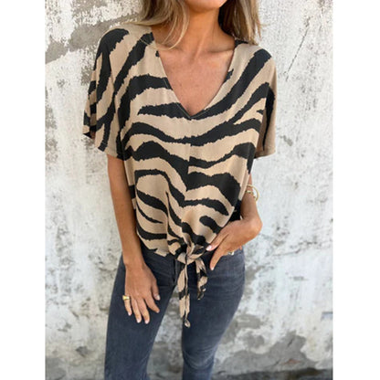 Women's V Neck Zebra Print Tie Front Casual T-Shirt