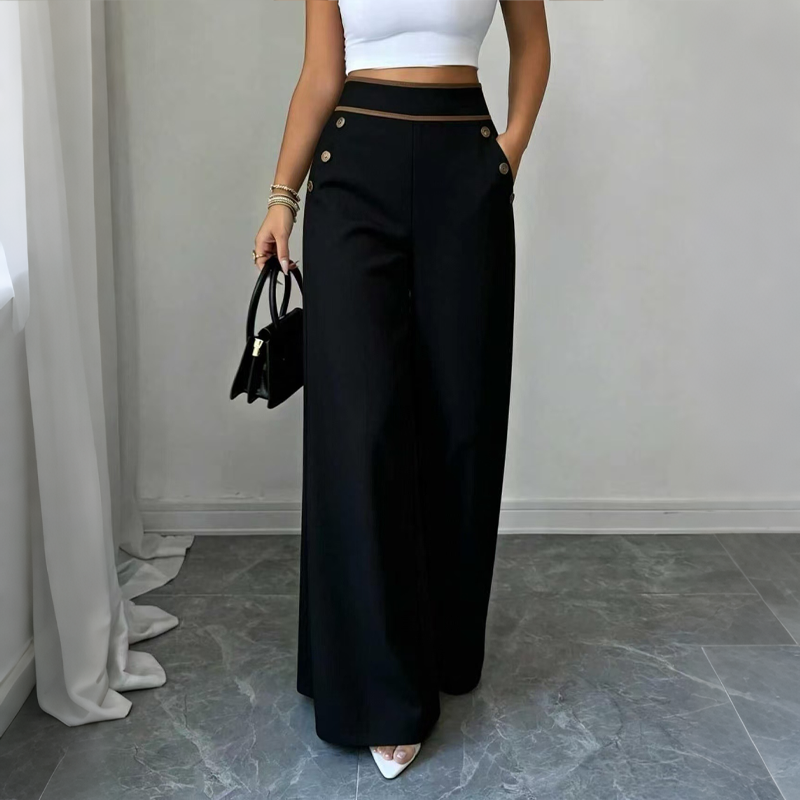 🤲Top Rated 🌿🛍️ Contrast-Trim Wide-Leg Pants – legant Drape & Flattering High-Rise