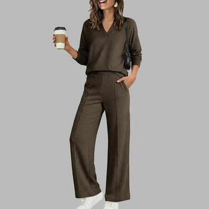 Women's V-Neck Two Piece Set | Relaxed Wide Leg Pants Outfit