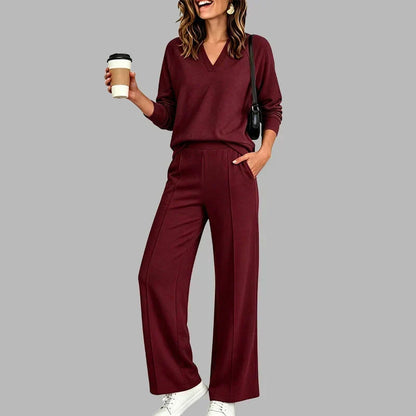 Women's V-Neck Two Piece Set | Relaxed Wide Leg Pants Outfit