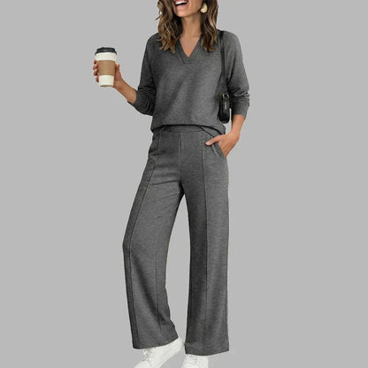 Women's V-Neck Two Piece Set | Relaxed Wide Leg Pants Outfit
