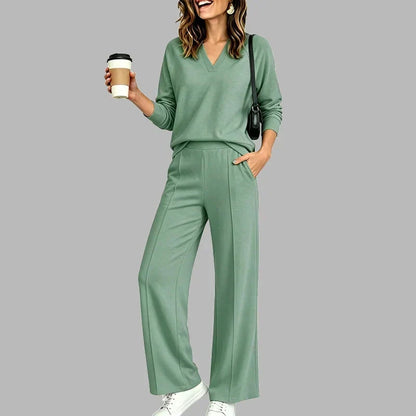 Women's V-Neck Two Piece Set | Relaxed Wide Leg Pants Outfit