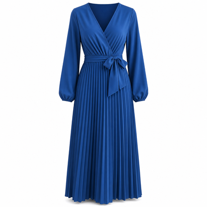 Women's Elegant Pleated Wrap Maxi Dress with Tie Waist