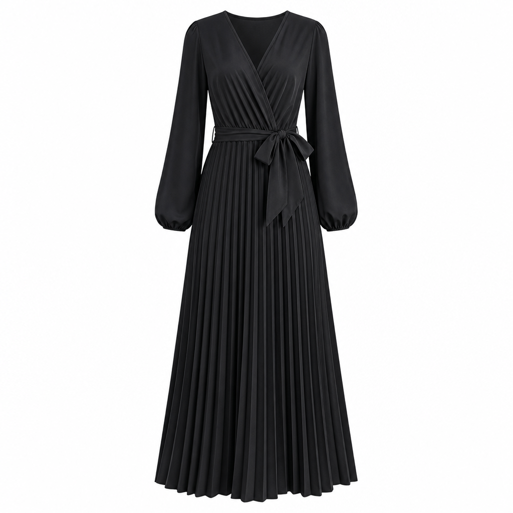 Women's Elegant Pleated Wrap Maxi Dress with Tie Waist