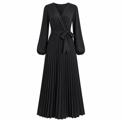 Women's Elegant Pleated Wrap Maxi Dress with Tie Waist