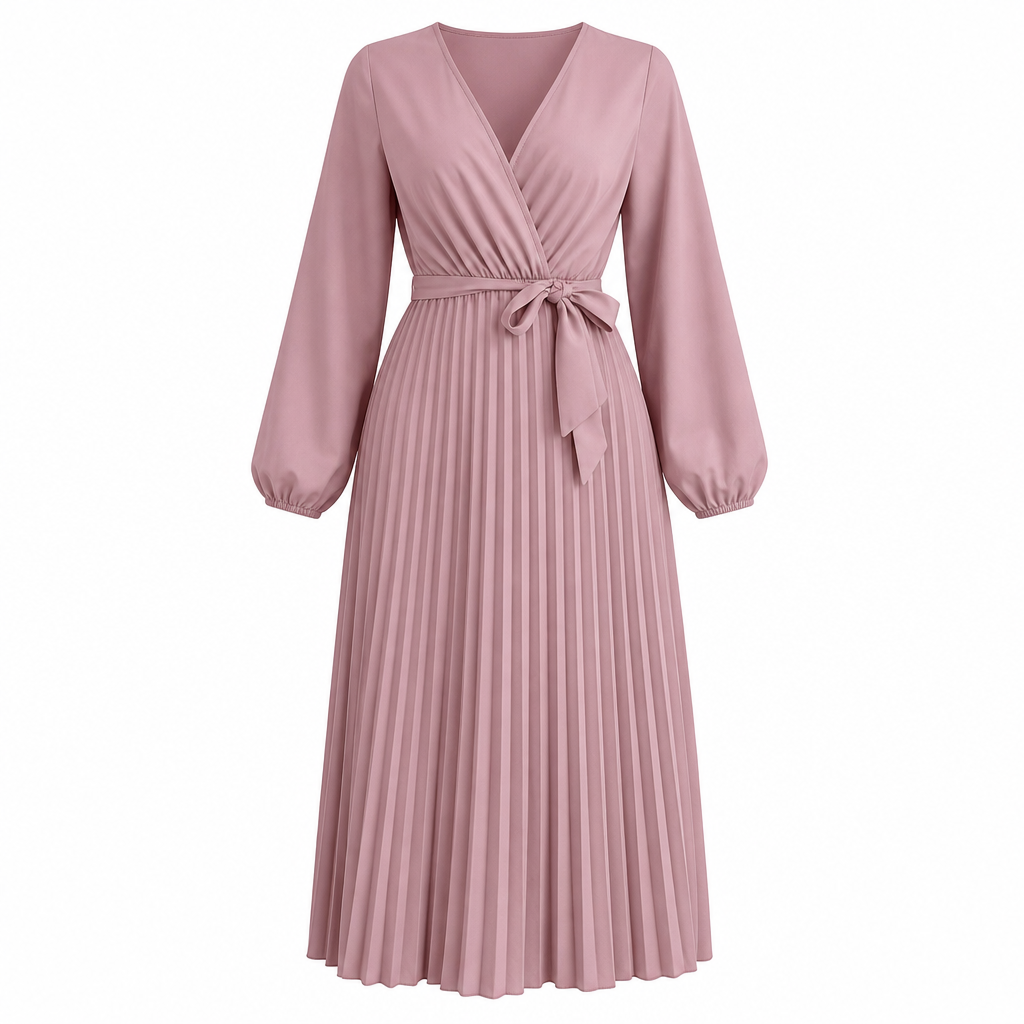 Women's Elegant Pleated Wrap Maxi Dress with Tie Waist