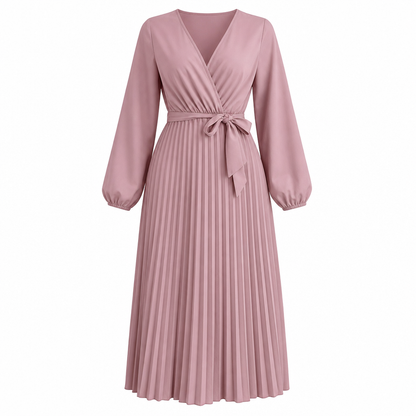 Women's Elegant Pleated Wrap Maxi Dress with Tie Waist