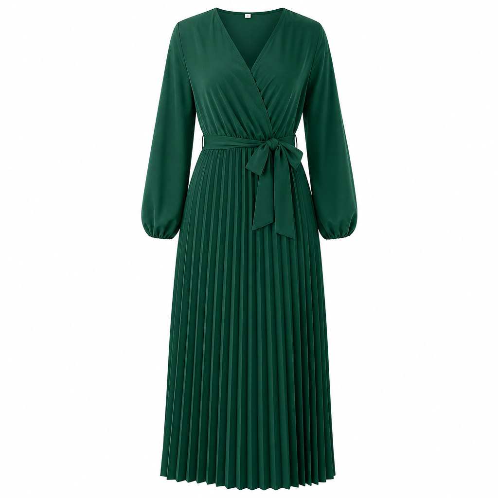 Women's Elegant Pleated Wrap Maxi Dress with Tie Waist