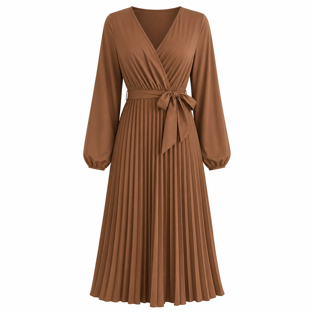 Women's Elegant Pleated Wrap Maxi Dress with Tie Waist