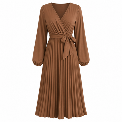 Women's Elegant Pleated Wrap Maxi Dress with Tie Waist