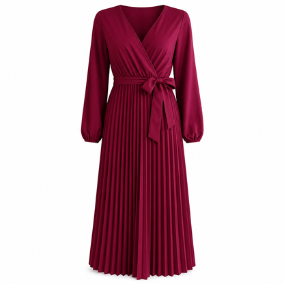 Women's Elegant Pleated Wrap Maxi Dress with Tie Waist