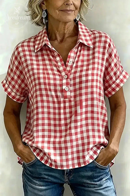 Women's Classic Plaid Cotton-Linen V-Neck Button-Front Shirt