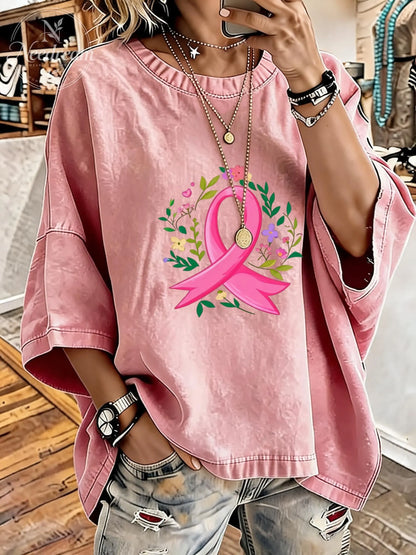 Women's Breast Cancer Awareness Ribbon Distressed Washed Oversized T-Shirt