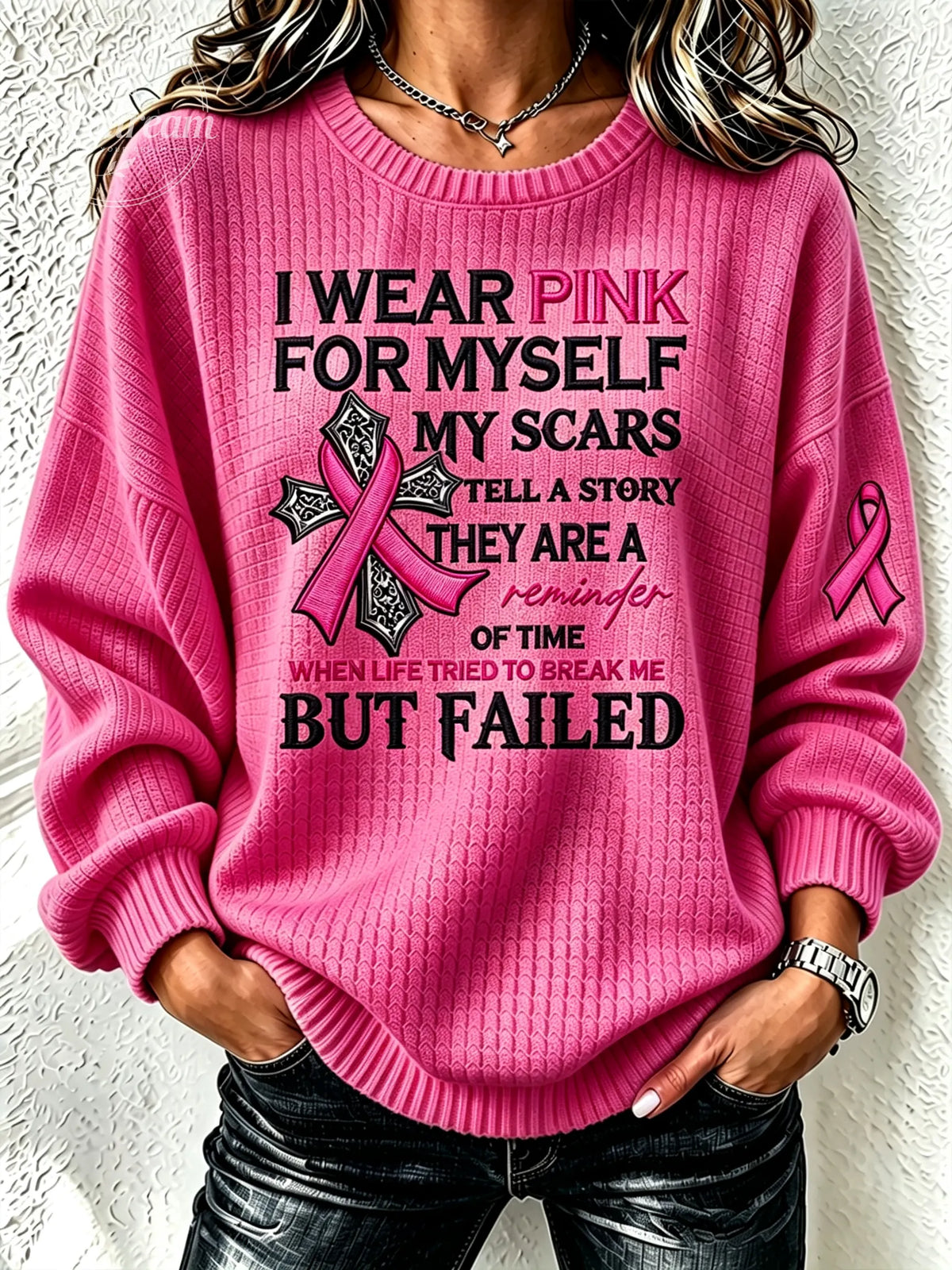 Women'S Casual Breast Cancer Promotion Round Neck Sweater