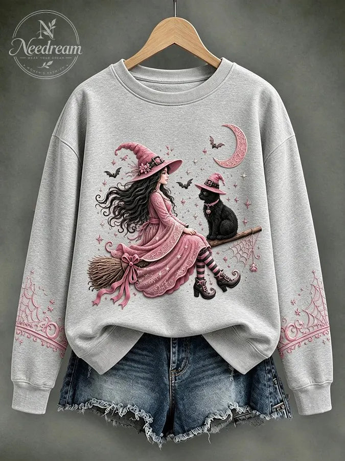 Women'S Retro Pink Witch Print Round Neck Sports Shirt